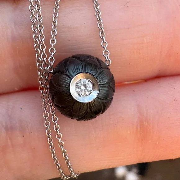 GALATEA designer solid 14k gold genuine carved Tahitian pearl/diamond necklace - Picture 1 of 16